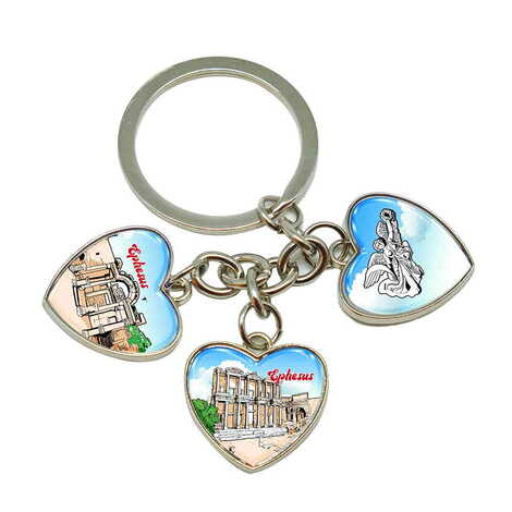 Ephesus Themed Metal Keychain With 3 Charms - Heart 40x85 mm