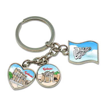 Myros - Ephesus Themed Metal Keychain With 3 Charms - Mixed 40x90 mm