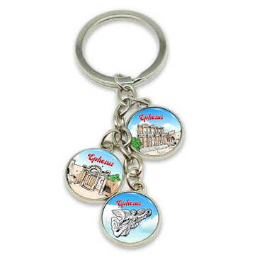 Myros - Ephesus Themed Metal Keychain With 3 Charms - Round 40x90 mm