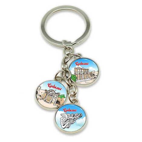 Ephesus Themed Metal Keychain With 3 Charms - Round 40x90 mm