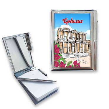 Myros - Ephesus Themed Metal Pocket Size Notebook With Pen 86x66x8 mm