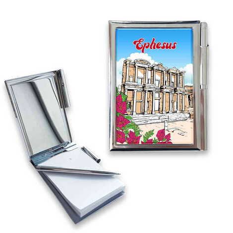 Ephesus Themed Metal Pocket Size Notebook With Pen 86x66x8 mm