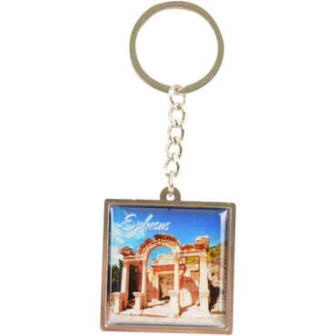 Ephesus Themed Metal Square Shaped Double Face Keychain 36x95 mm - Thumbnail