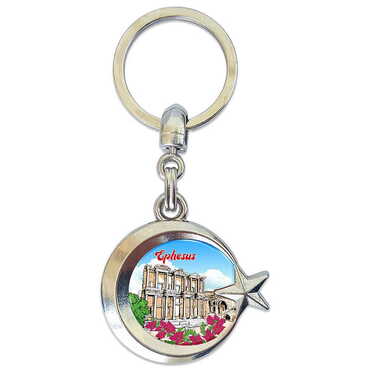 Ephesus Themed Metal Turkish Flag Enamel Keychain - Myros