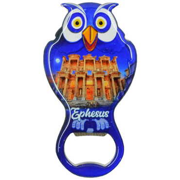 Ephesus Themed Owl Shaped Metal Magnetic Bottle Opener 88x47 mm - Thumbnail