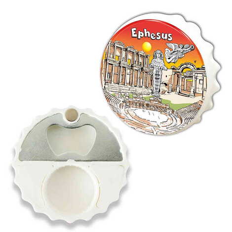 Ephesus Themed Round Cap Shaped Magnetic Bottle Opener 63x15 mm