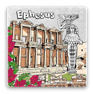 Myros - Ephesus Themed Stone Square Souvenir Fridge Magnet 50x50 mm