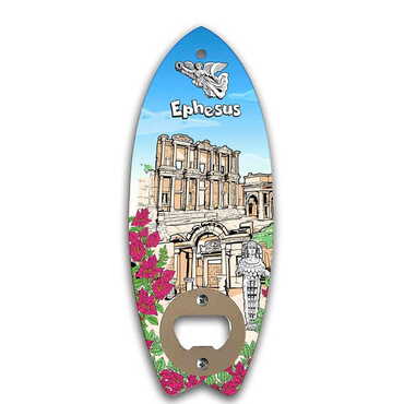 Myros - Ephesus Themed Surf Board Shaped Printed MDF Wooden Bottle Opener 185x72 mm