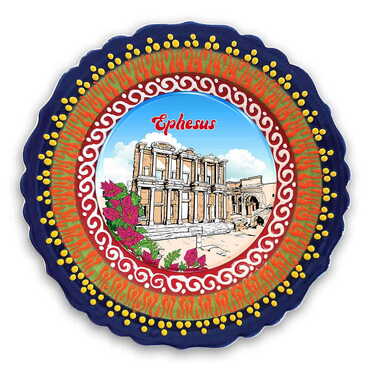 Ephesus Themed Turkish Ceramic Plate With Epoxy 18 Cm - Thumbnail