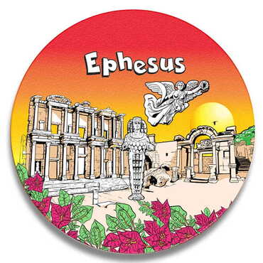Ephesus Themed Wooden Custom Printed Souvenir Coaster 100 mm - Myros