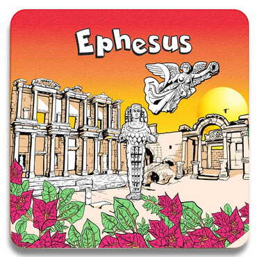 Myros - Ephesus Themed Wooden Customised Square Travel Coaster 100x100 mm