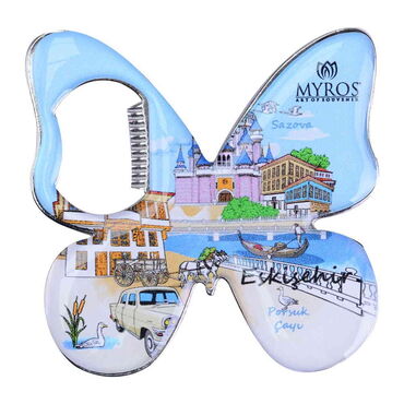 Eskisehir Themed Butterfly Shaped Metal Magnetic Bottle Opener 70x70 mm - Thumbnail