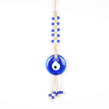 Myros - Evil Eye Macrame Single Size Oval Shaped Mavi White Bead Knitted Detailed Wall Hanging