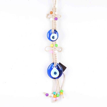 Evil Eye Macrame Double Oval Shaped Ringed Knitted Bead Detailed Wall Hanging - Myros
