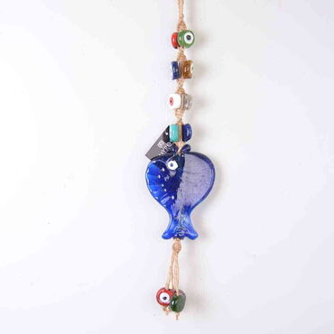 Evil Eye Macrame Fish Shaped Eight Bead Detailed Wall Hanging - Thumbnail