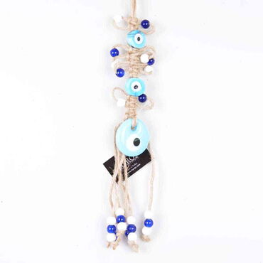 Evil Eye Macrame Light Blue Color Triple Oval Shaped Wall Hanging - Myros