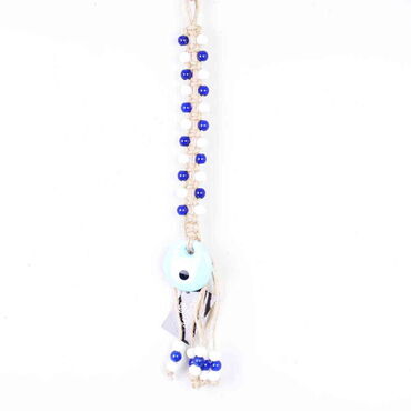 Evil Eye Macrame Light Blue Color Oval Shaped Mavi White Bead Knitted Detailed Wall Hanging - Myros