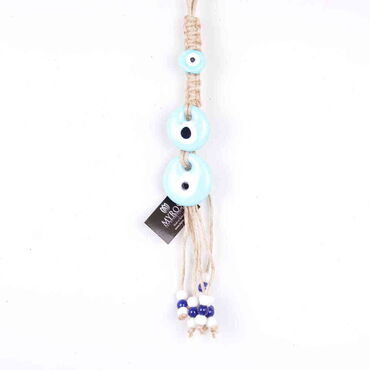 Evil Eye Macrame Light Blue Color Triple Oval Shaped Wall Hanging - Myros