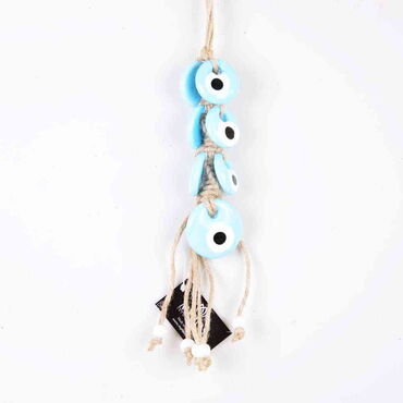 Myros - Evil Eye Macrame Light Blue Color Yedili Oval Shaped Wall Hanging