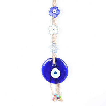 Evil Eye Macrame Oval Shaped Three Flower Detailed Wall Hanging - Myros