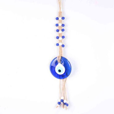 Evil Eye Macrame Single Size Oval Shaped Mavi White Bead Knitted Detailed Wall Hanging - Myros