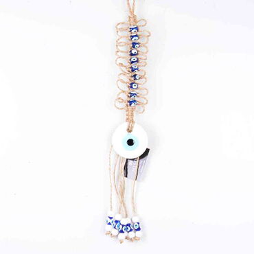 Evil Eye Macrame White Color Oval Shaped Evil Eye Bead Flower Knitted Detailed Wall Hanging - Myros