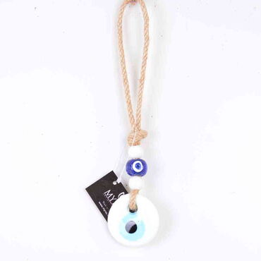 Evil Eye Macrame White Color Oval Shaped Three Bead Detailed Wall Hanging - Myros