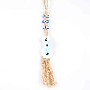 Myros - Evil Eye Macrame White Color Triple Oval Shaped Evil Eye Bead Knitted Detailed Wall Hanging