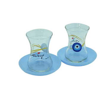 Evil Eye Themed Colored Tea Glass Set Of 2 Pcs - Thumbnail