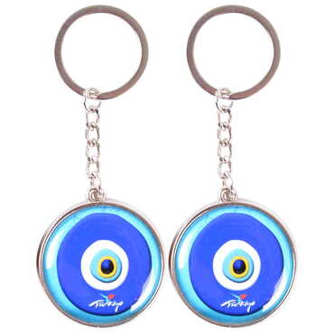 Evil Eye Themed Metal Double Face Round Keychain 40x95 mm - Thumbnail