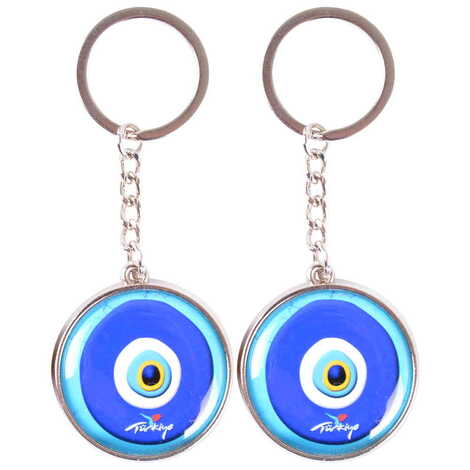 Evil Eye Themed Metal Double Face Round Keychain 40x95 mm