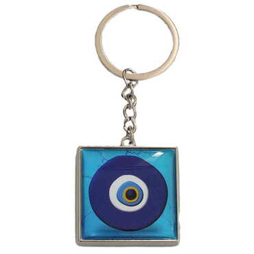 Myros - Evil Eye Themed Metal Square Shaped Double Face Keychain 36x95 mm