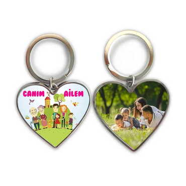 Family Themed Metal Heart ShapedDouble Face Keychain 45x90 mm - Thumbnail