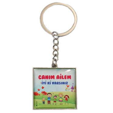 Family Themed Metal Square Shaped Double Face Keychain 36x95 mm - Myros