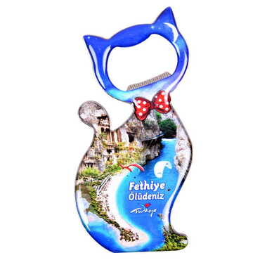 Fethiye Themed Cat Shaped Metal Magnetic Bottle Opener 97x48 mm