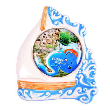 Myros - Fethiye Temalı Myros Seramik Yelkenli Yuvarlak Magnet
