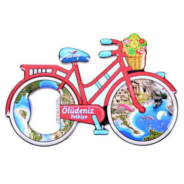 Fethiye Themed Bicycle Shaped Metal Magnetic Bottle Opener 100x65 mm - Thumbnail