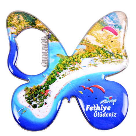 Fethiye Themed Butterfly Shaped Metal Magnetic Bottle Opener 70x70 mm