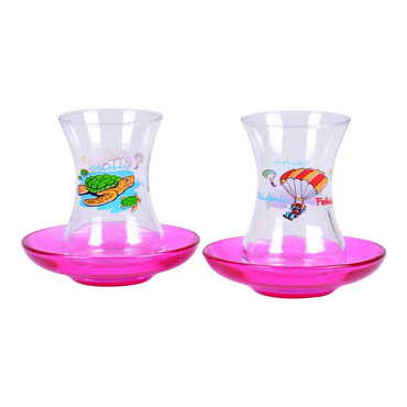 Fethiye Themed Colored Tea Glass Set Of 2 Pcs - Thumbnail