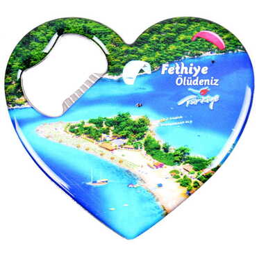 Myros - Fethiye Themed Heart Shaped Metal Magnetic Bottle Opener 85x76 mm