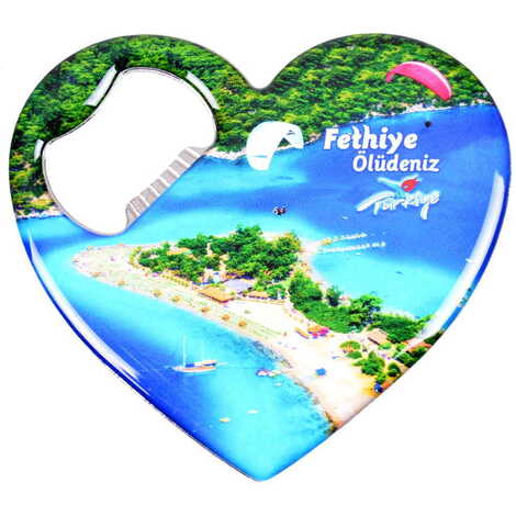 Fethiye Themed Heart Shaped Metal Magnetic Bottle Opener 85x76 mm