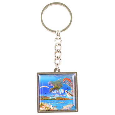 Myros - Fethiye Themed Metal Square Shaped Double Face Keychain 36x95 mm