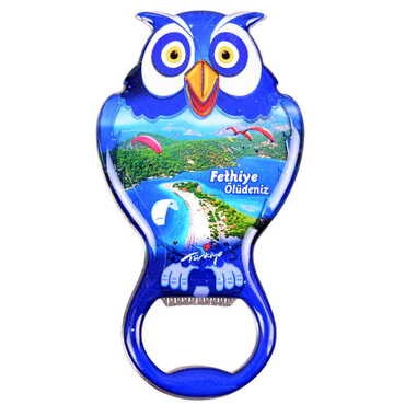 Fethiye Themed Owl Shaped Metal Magnetic Bottle Opener 88x47 mm - Thumbnail