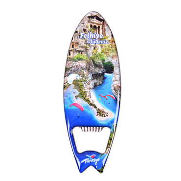 Myros - Fethiye Themed Surf Board Shaped Metal Magnetic Bottle Opener 128x45 mm