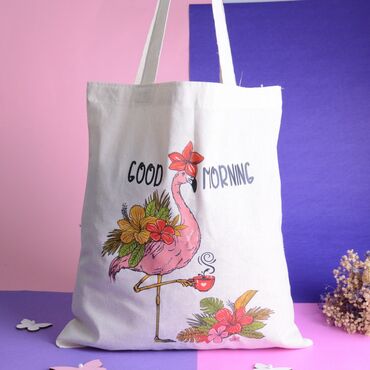 Myros - Flamingo Temalı Ham Renkli Bez Çanta 450x350 mm