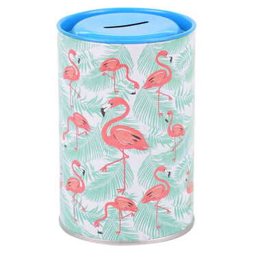 Myros - Flamingo Themed Customised Kids Tin Round Coin Box 83x83x125 mm