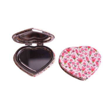 Flower Themed Custom Printed Heart Shape Compact Mirror - Thumbnail