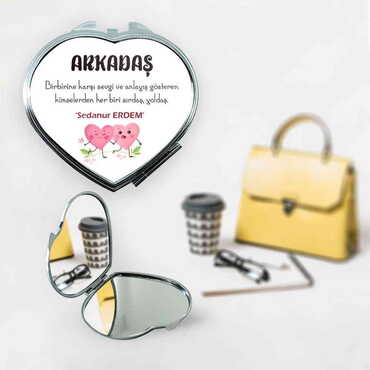 Myros - Friend Themed Customised Metal Epoxy Travel Make Up Compact Heart Shaped Mirror 70x65x8 mm