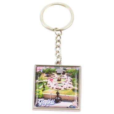 Geyikli Themed Metal Square Shaped Double Face Keychain 36x95 mm - Thumbnail