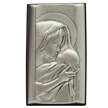 Virgin Mary And Baby Jesus With Bi-Laminated Silver Plaque And Wooden Icon 40x70 mm - Myros